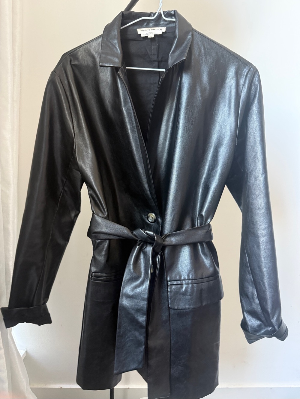 Leather Tie-Waist Blazer Jacket - Black
